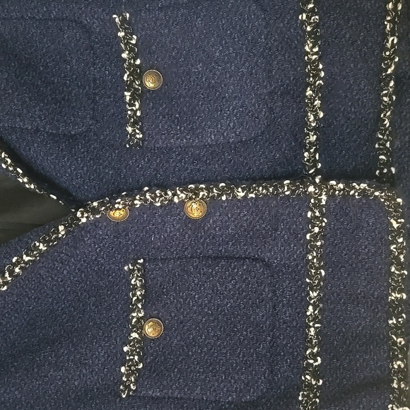Zara Woman Navy Blue Tweed Boucle Blazer Lady Jacket Size Medium - Picture 5 of 12
